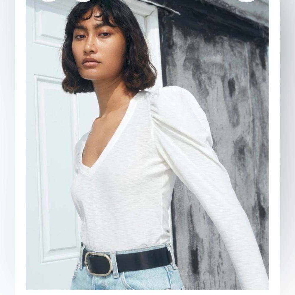 Nation Ltd Clara bold puff shoulder blouse top off white small